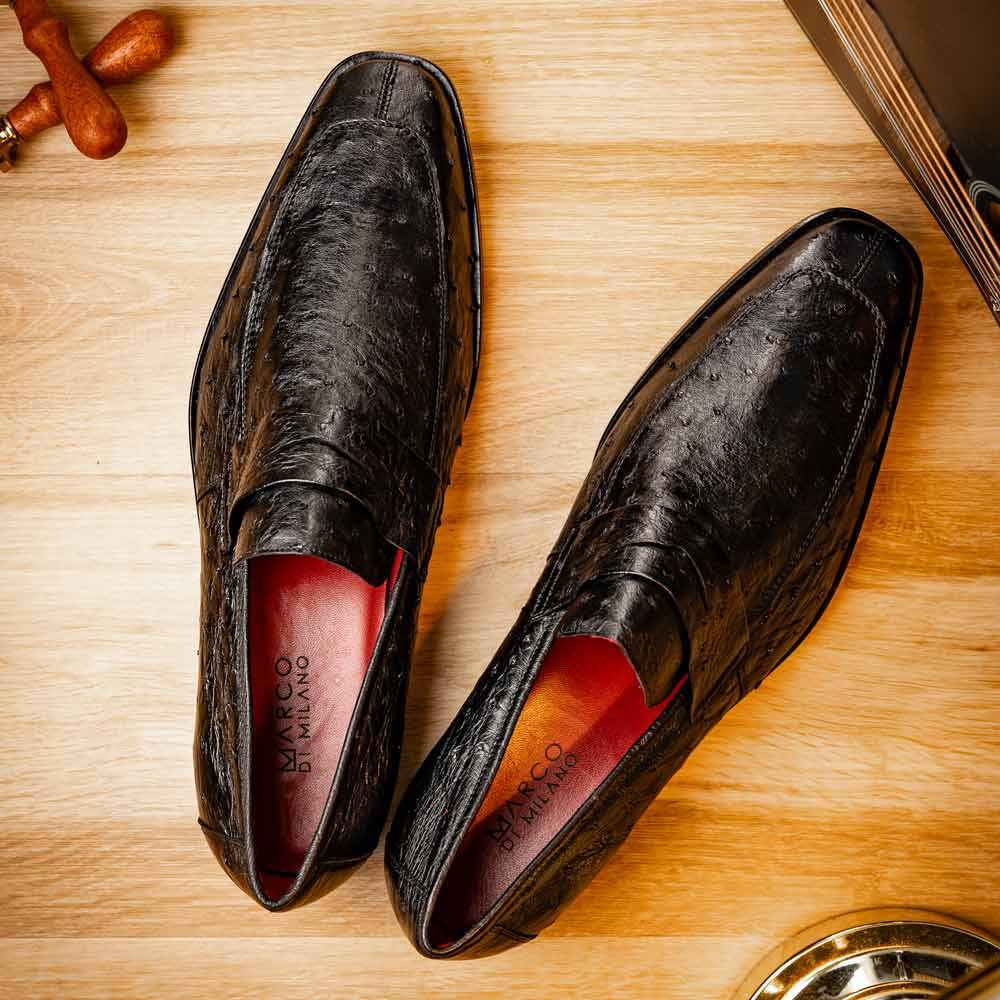 Salvatore Black Men’s Full Quill Ostrich Skin Slip-on Loafers | Marco Di Milano