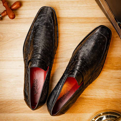 Salvatore Black Men’s Full Quill Ostrich Skin Slip-on Loafers | Marco Di Milano