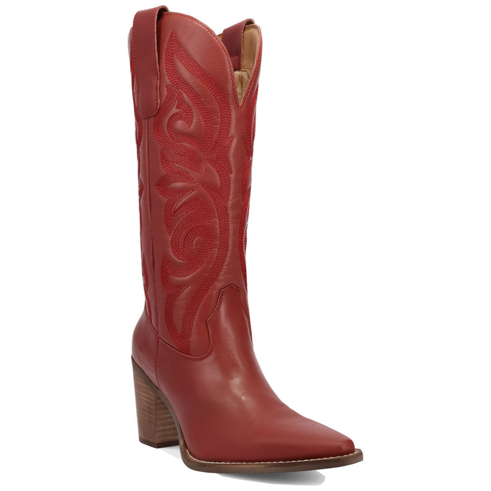 Hensley Leather Red-on-Red Embroidered Wooden Block Heel Snip Toe Women Boot | Dingo Western Cowgirl Boots