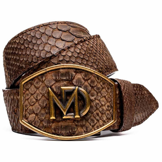 Arkansas Genuine Python Skin Western Belt in Brown with Antique Western Buckle | Marco Di Milano Exotic Belt