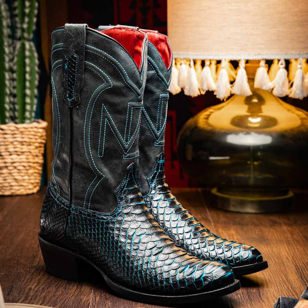 Kansas Genuine Python Skin Black/Blue Cowboy Boot | Marco Di Milano Western Boots