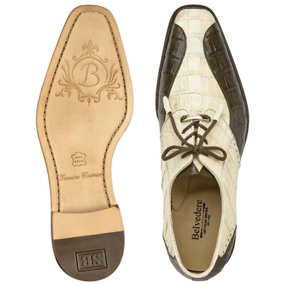 Belvedere Men’s Domenico Bone & Olive Genuine Caiman Brogue Lace-Up Derby Shoes