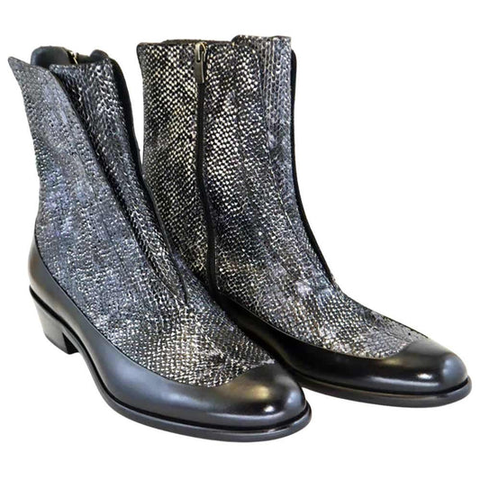 Corrente Men’s Black & Grey Python Mid - Calf Pointed Toe Leather Boot - shoeclassix.com
