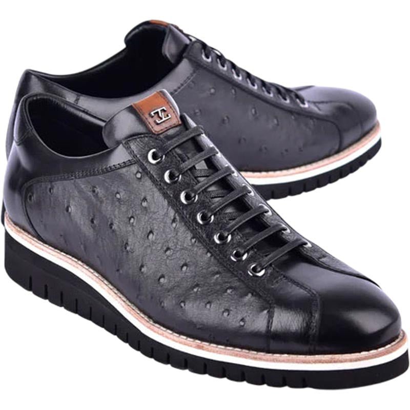Corrente Men’s Mid - top Genuine Ostrich Leather Black Round Toe Sneaker - shoeclassix.com