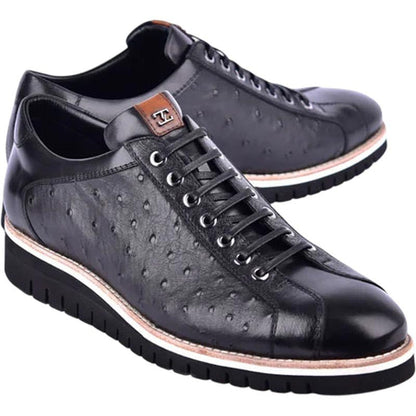 Corrente Men’s Mid - top Genuine Ostrich Leather Black Round Toe Sneaker - shoeclassix.com