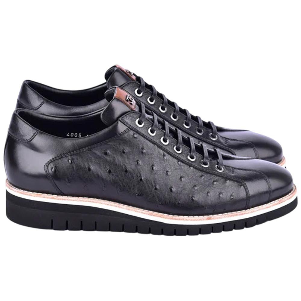 Corrente Men’s Mid - top Genuine Ostrich Leather Black Round Toe Sneaker - shoeclassix.com