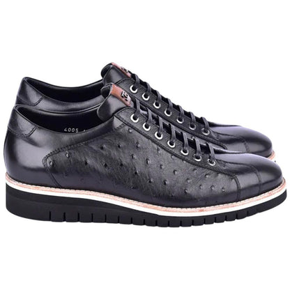 Corrente Men’s Mid - top Genuine Ostrich Leather Black Round Toe Sneaker - shoeclassix.com