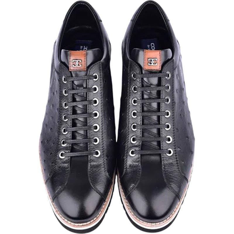Corrente Men’s Mid - top Genuine Ostrich Leather Black Round Toe Sneaker - shoeclassix.com
