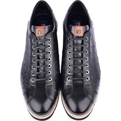 Corrente Men’s Mid - top Genuine Ostrich Leather Black Round Toe Sneaker - shoeclassix.com