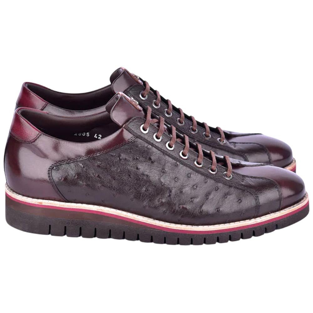 Corrente Men’s Mid - top Genuine Ostrich Leather Brown Round Toe Sneaker - shoeclassix.com
