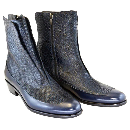 Corrente Men’s Navy Python Mid - Calf Pointed Toe Leather Boot - shoeclassix.com