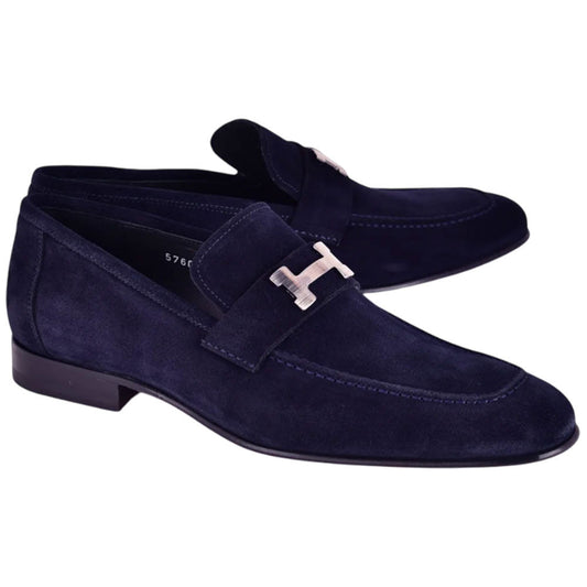 CORRENTE Navy Blue Suede Leather with H Bit Leather Sole Loafer for Men - shoeclassix.com
