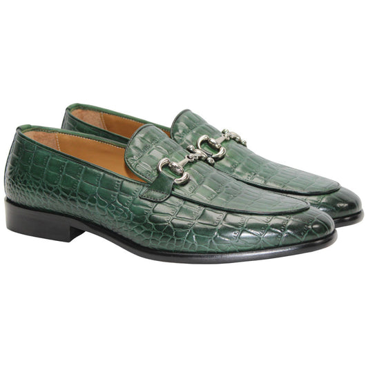 Duca Vasto Men's Green Croco Print Leather Loafers