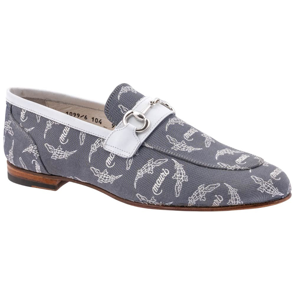 MAURI Shoes Men’s Trigator Moc Toe Loafer Jeans Blue White Fabric & Calfskin Leather Luxury Horsebit Loafers