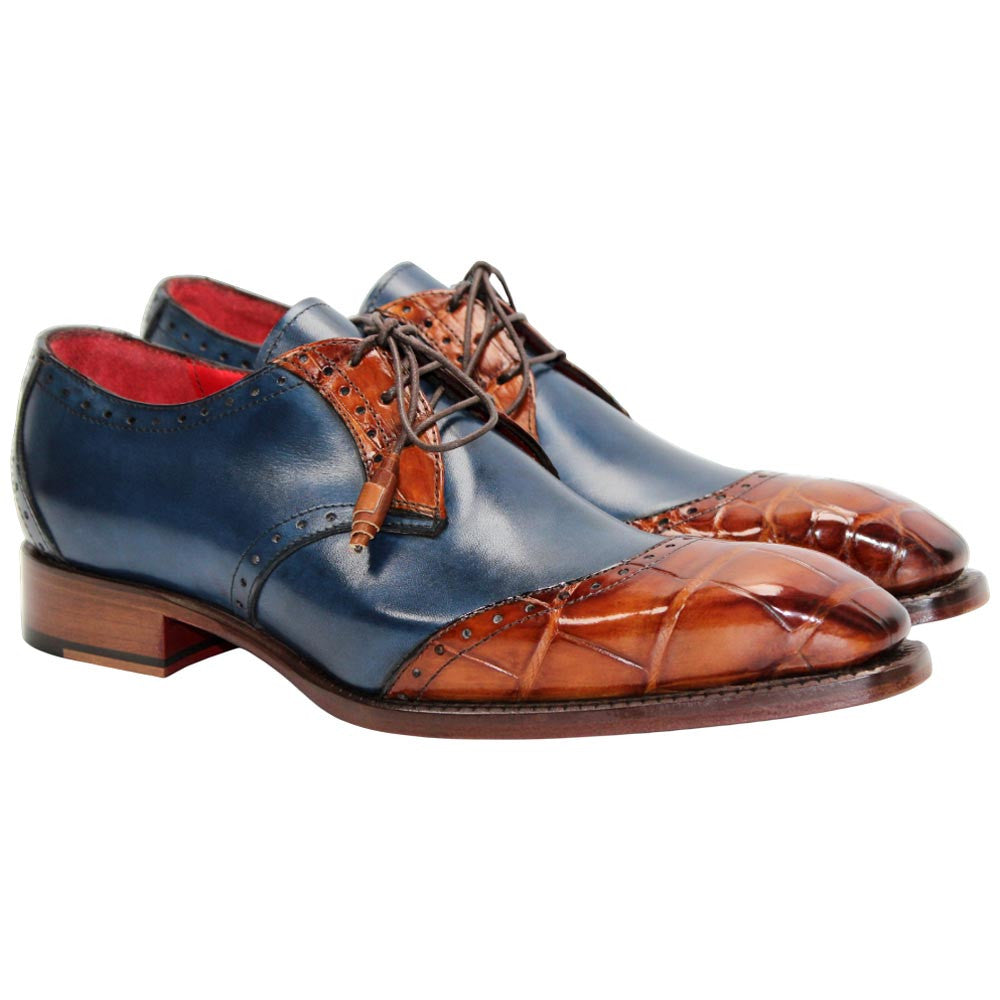 Fennix of Italy Genuine Alligator Skin JAX Cognac/Navy Derby Shoes (US Men Size)