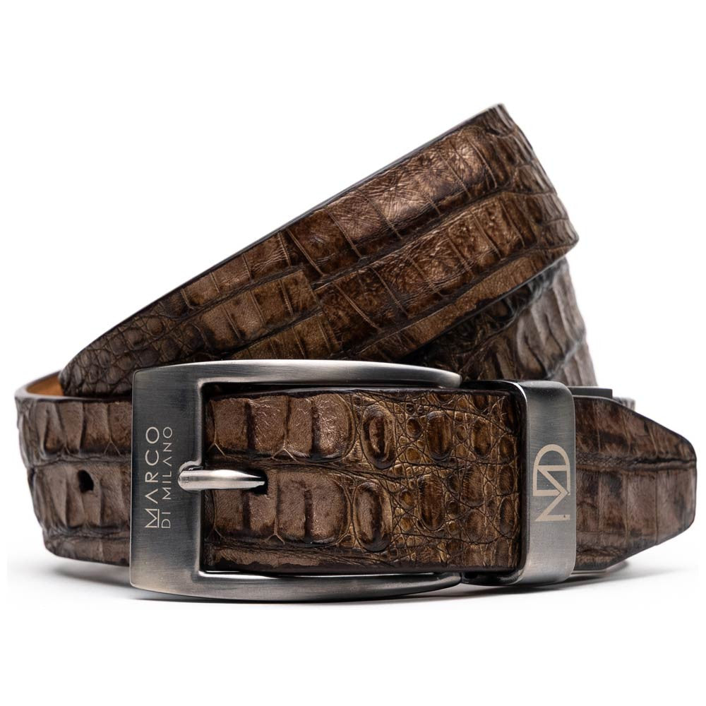 Silvio Genuine Caiman Fuscus-Back Washed Brown Belt with a Silver Buckle | Marco Di Milano Exotic Belt