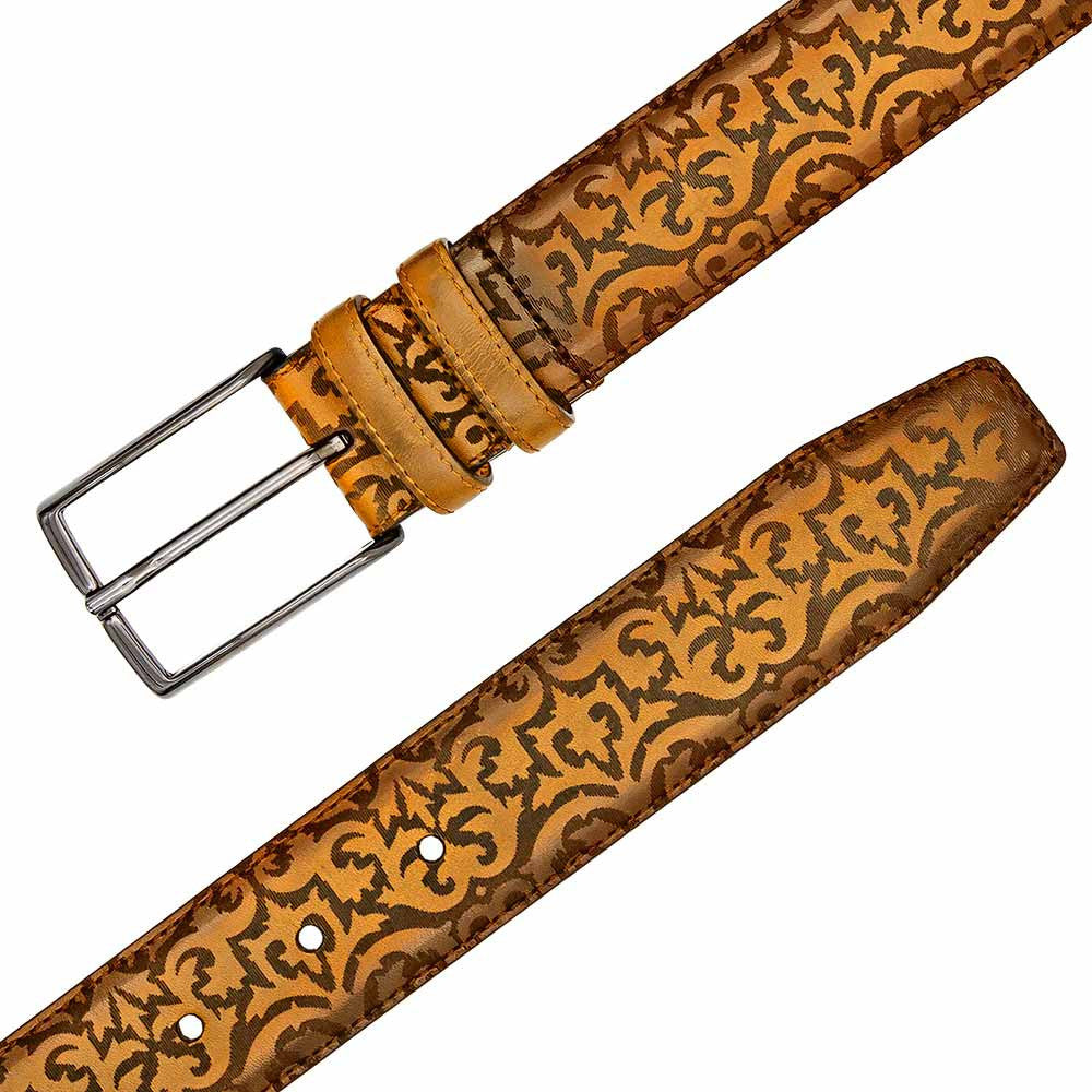 Mezlan Men’s Floral Camel Laser Print Calfskin Leather Belt