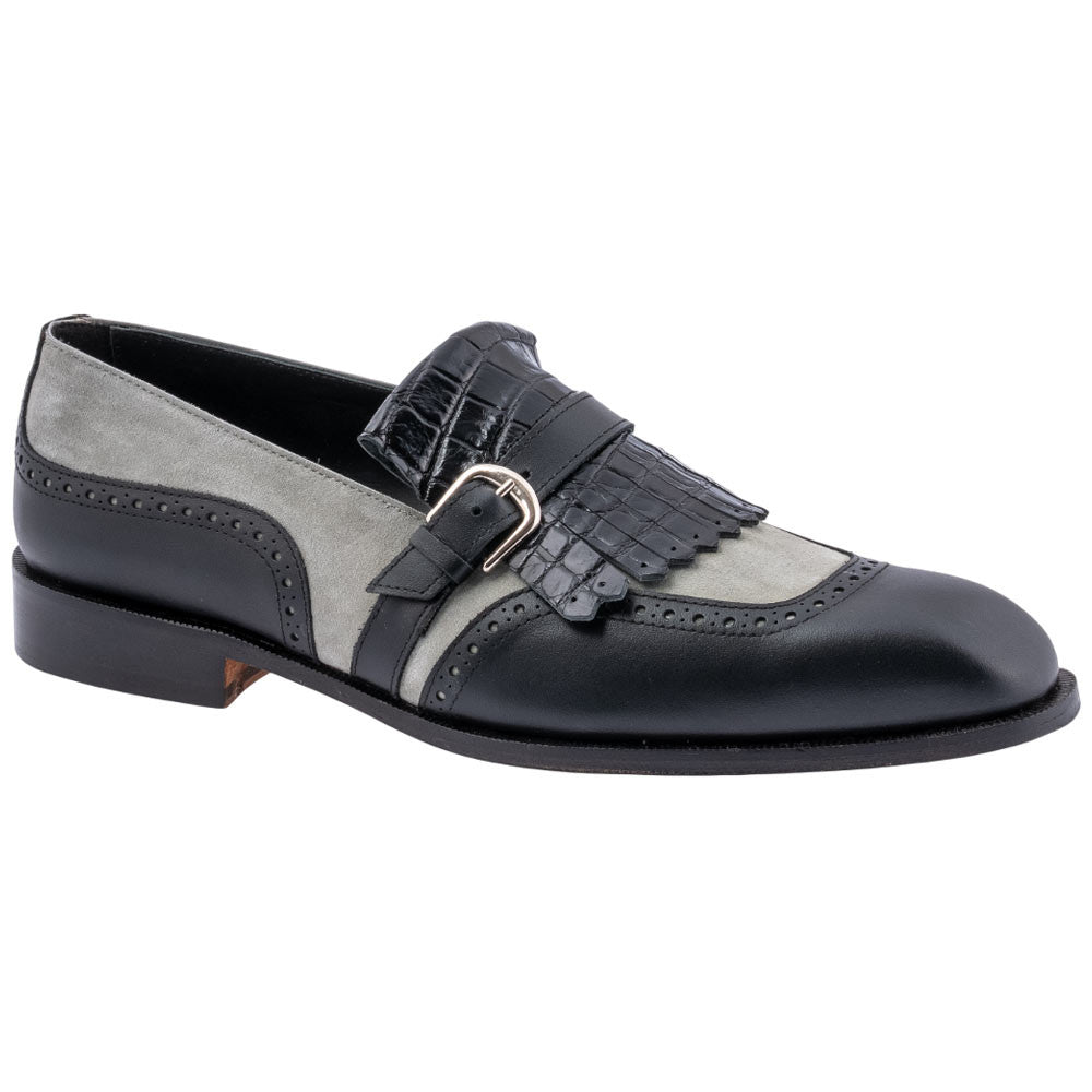 MAURI Shoes Men’s Kiltie Slip-On Black Grey Alligator, Calfskin & Suede Leather Luxury Loafers