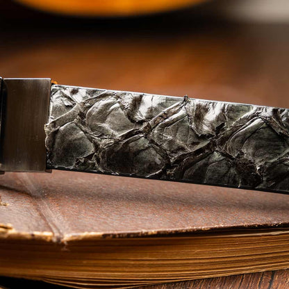 Oliveri Genuine Pirarucu Skin Gray Belt with a Silver Buckle | Marco Di Milano Exotic Belt