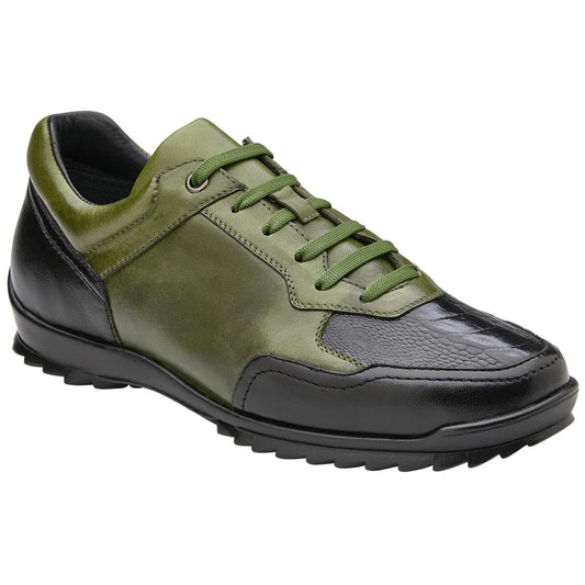 Belvedere Corvo Black & Olive Genuine Ostrich Leg Casual Sneakers (USA Men Size)