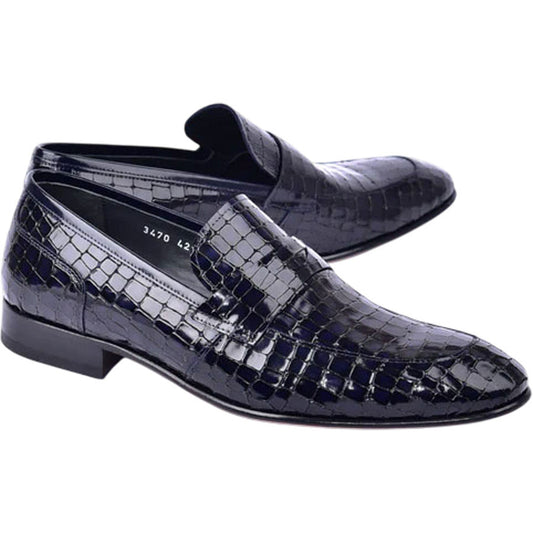 Corrente Men’s Crocodile Embossed Dark Navy Almond Toe Loafer