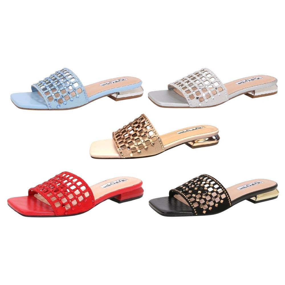 Lady Couture Women's Garden Silver Geometric Crystal Flat Slide Sandals