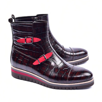 Corrente Men's Brown Croco Print Side Zipper Boots with Red Straps
