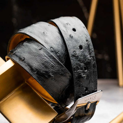 Domenico Men’s Genuine Exotic Ostrich Belts With Brushed Chrome Buckle | Marco Di Milano Exotic Belt in Black