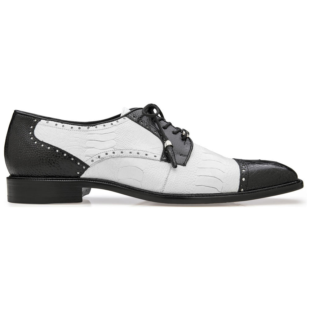 Belvedere Men’s Batta Genuine Ostrich Leg Black & White Cap Toe Lace-Up Derby Dress Shoes
