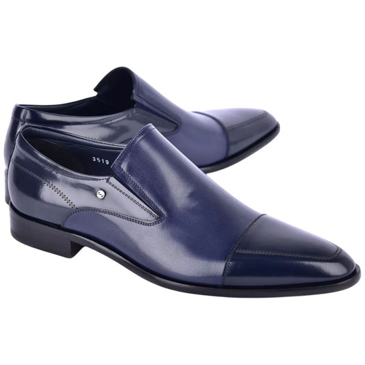 Corrente Men’s Deer and Calfskin Navy Cap Toe Leather Sole Loafer