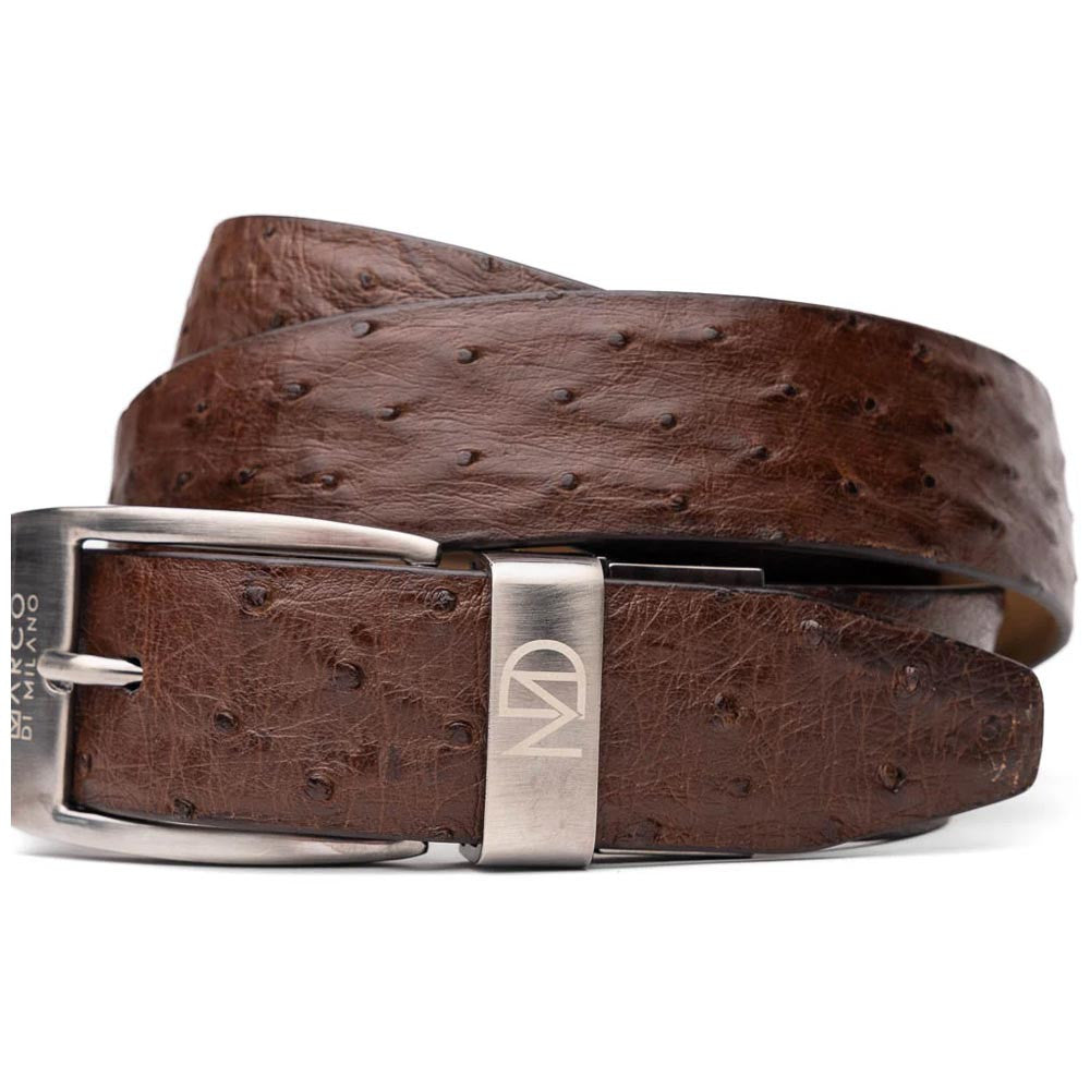 Domenico Men’s Genuine Exotic Ostrich Belts With Brushed Chrome Buckle | Marco Di Milano Exotic Belt in Brown