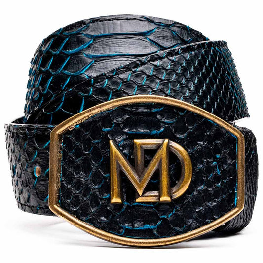 Arkansas Genuine Python Skin Western Belt in Black/Blue with Antique Western Buckle | Marco Di Milano Exotic Belt