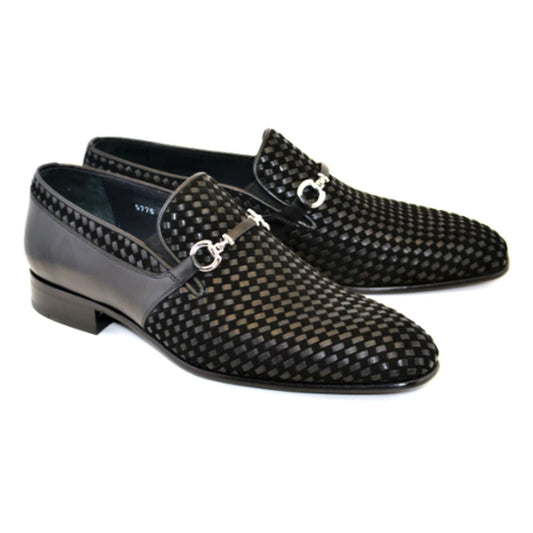 Corrente Men’s Black Handwoven Leather and Suede Slip-On