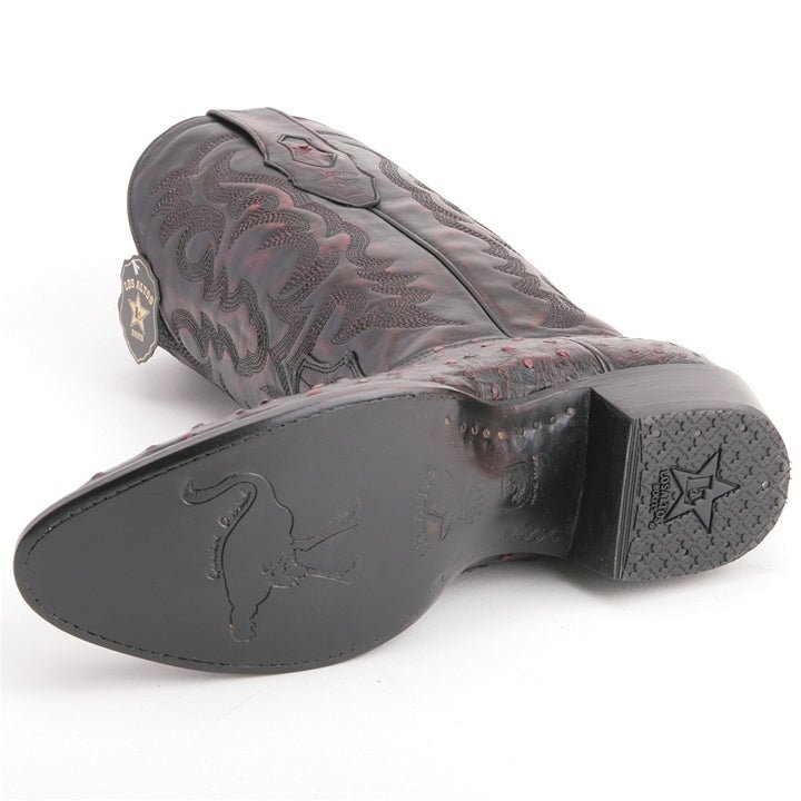 Los Altos Black Cherry Round Toe Genuine Ostrich Skin Boots - shoeclassix.com